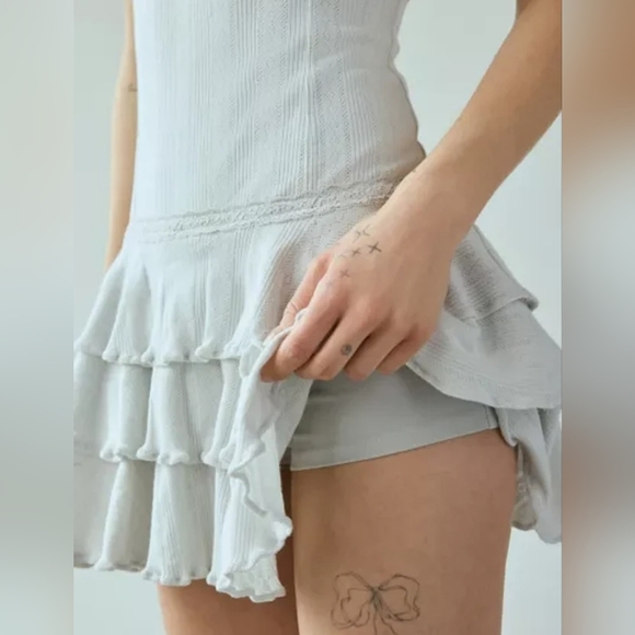 UO Mira Perfect Pointelle Drop Waist Strapless Romper Light Blue - Picture 4 of 4